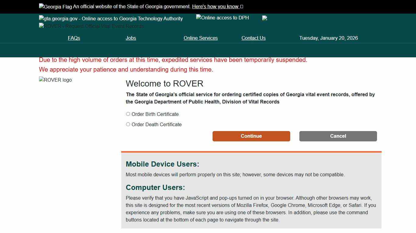 ROVER - Order Birth or Death Certificates